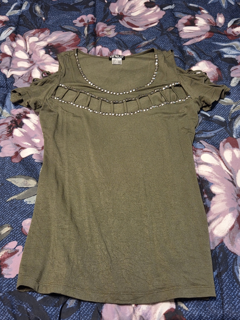 VENUS Olive Green Cold-Shoulder Tank with Stud and Ruffle Detail